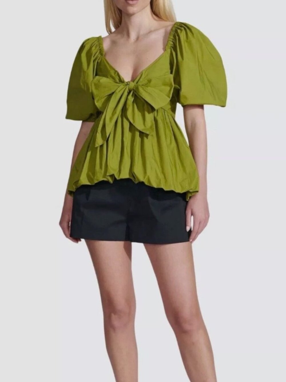NWT Toccin NY Front-Tie Bubble Hem Poplin Blouse in Cactus Green Women's Sz S